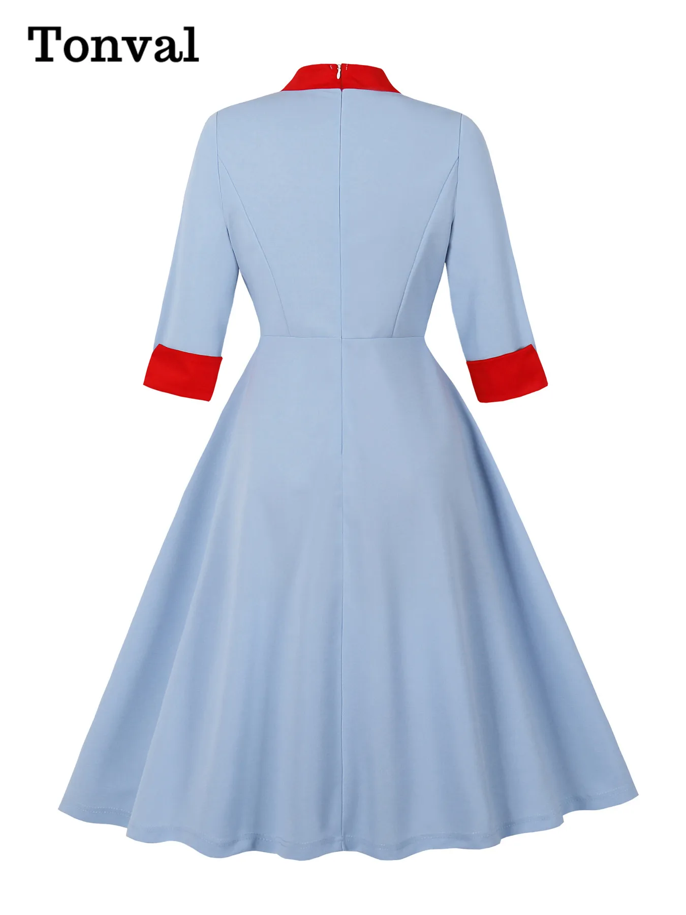 Tonval Light Blue and Red 3/4 Length Sleeve Autumn Elegant Women Dresses Contrast Collar Vintage Swing Midi Dress
