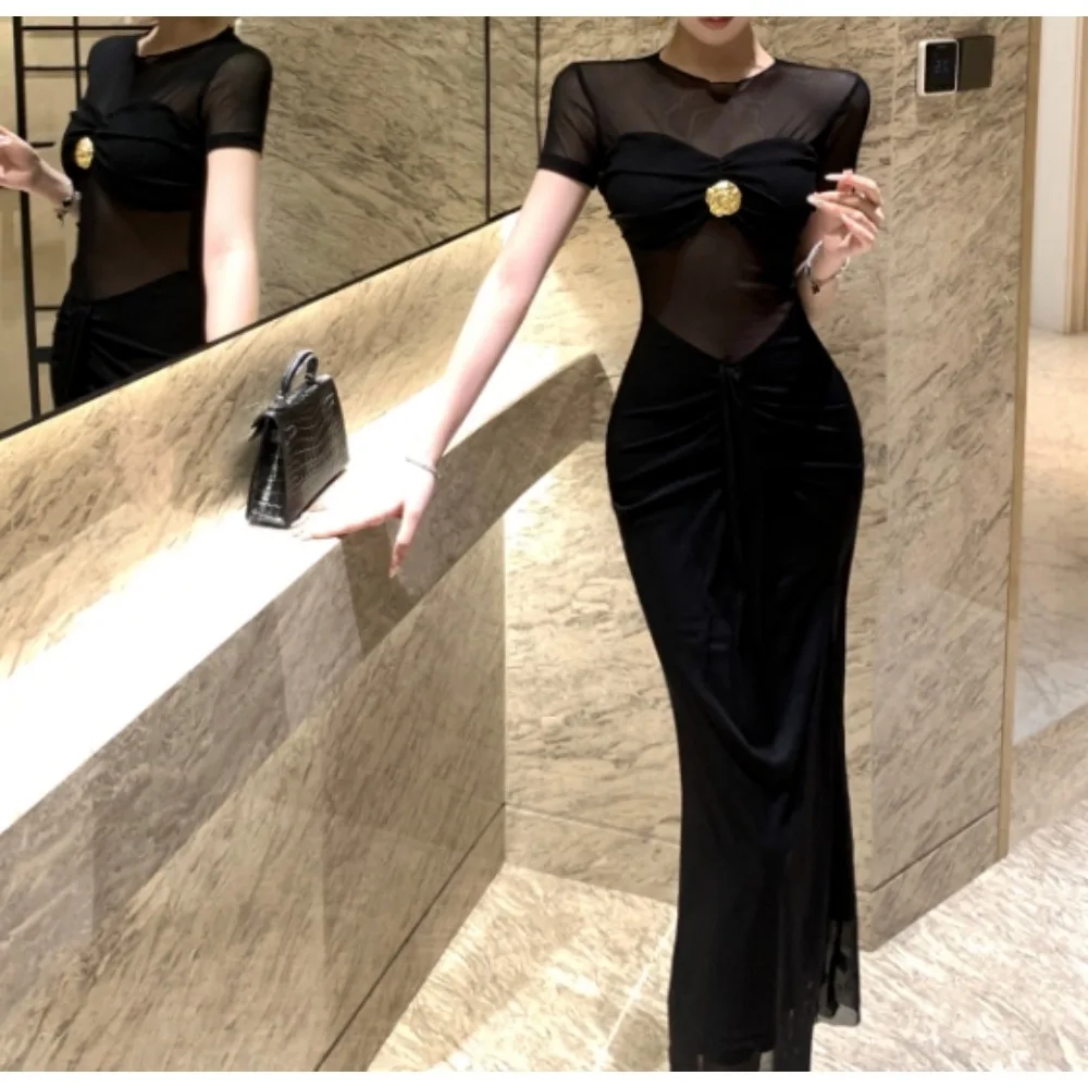 Vestido elegante transparente de malla, Vestidos de hadas elegantes a la moda coreana, Vestidos sexis de cintura alta acampanados, bata de vacaciones de verano para mujer