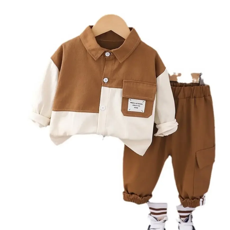 Toddler Outfit 2024 Spring Autumn Kids Baby Sets 1 To 2 Years Patchwork Cargo Turn-down Collar Shirts and Pants Infant Clothes