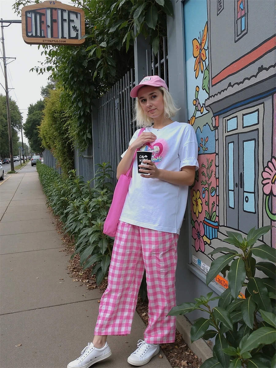 Pants Casual Woman Blue Pink Plaid Side Pockets Functional Design Element Practical Storage Space Comfortable Soft Material