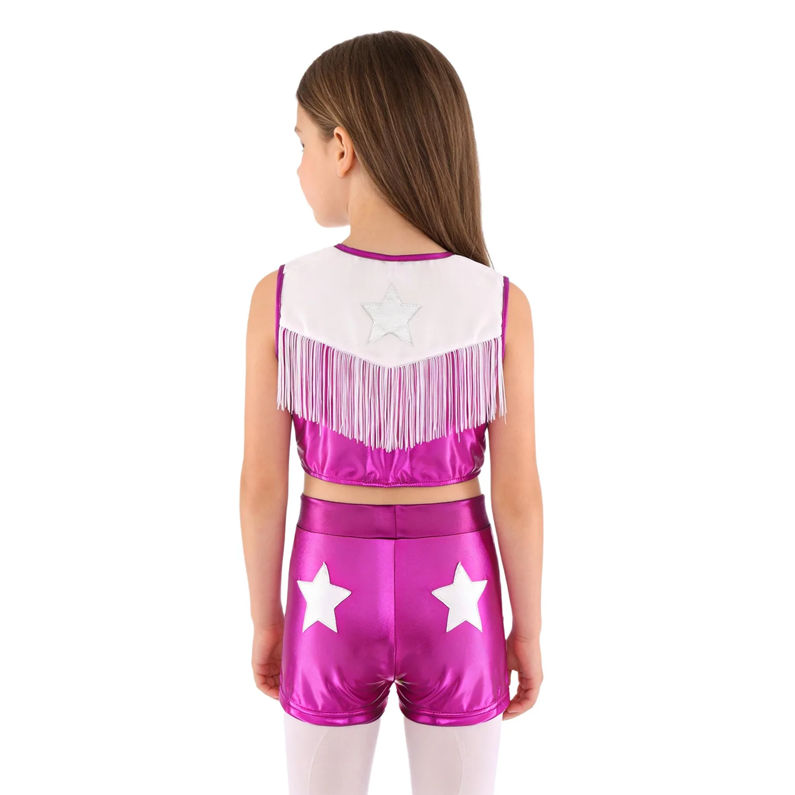 Halloween-Cowgirl-Kostüm, Western-Cowboy-Cheerleading-Kostüm, metallisch glänzende Pailletten, ärmelloses Oberteil mit Fransen und Shorts