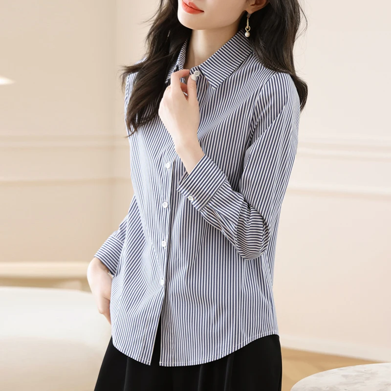 

Women Blouses And Shirts Office Lady Fashion Casual Long Sleeve Turn-down Collar Blue Stripes Blusas Tops
