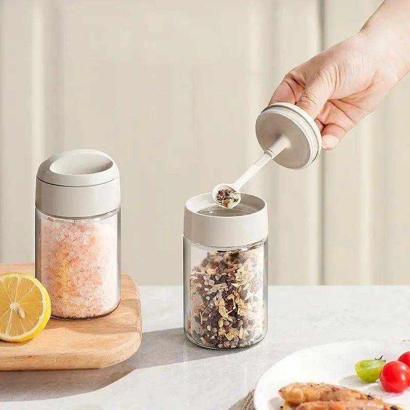 Moisture Proof Quantified Glass Spice Jar With Spoon 1Pcs Sealed Salt Storage Container Kitchen Restaurant Seasoning Organizer