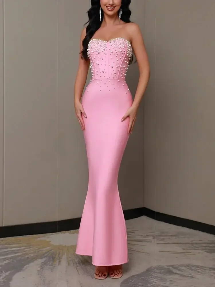 

2024 Summer New Pink Women's Sexy Luxury Strapless Pearl Beaded Mermaid Bandage Long Dress Bodycon celebrity Party Evening Dress