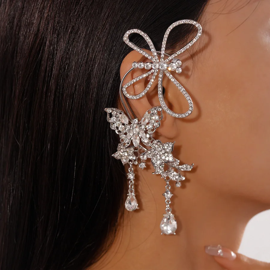 Super flash light luxury style diamond-encrusted butterfly water drop hollow without  holes ear hanging personality temperament