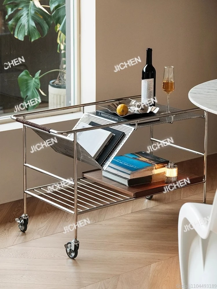 

Nordic Retro Side Table with Wheels Mobile Sofa Caddy Stainless Steel Rolling Cart Stylish Living Room Storage & Coffee Table