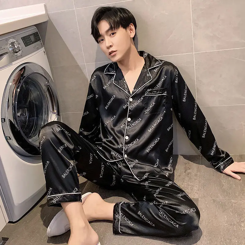 Lente Herfst Mannen Dunne Imitatie Zijden Pyjama Set Lange Mouw Vest Jacquard Nachtkleding Broek 5XL Plus Size Thuis Pak