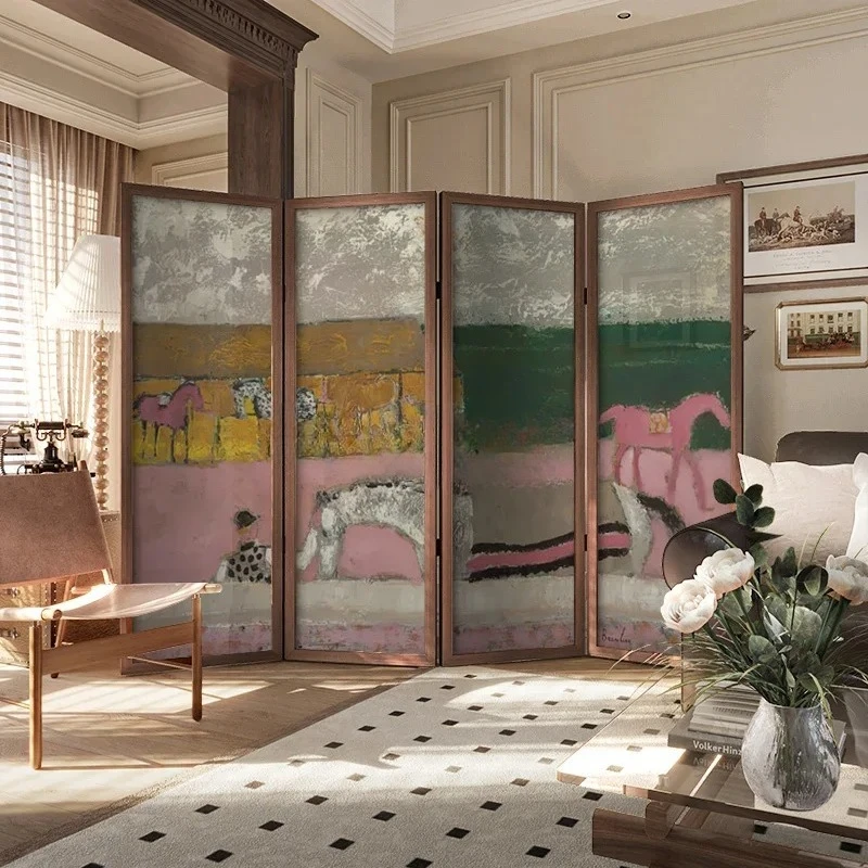 oil painting horse group solid wood screen partition living room bedroom sofa household cover entrance entrance fold scree
