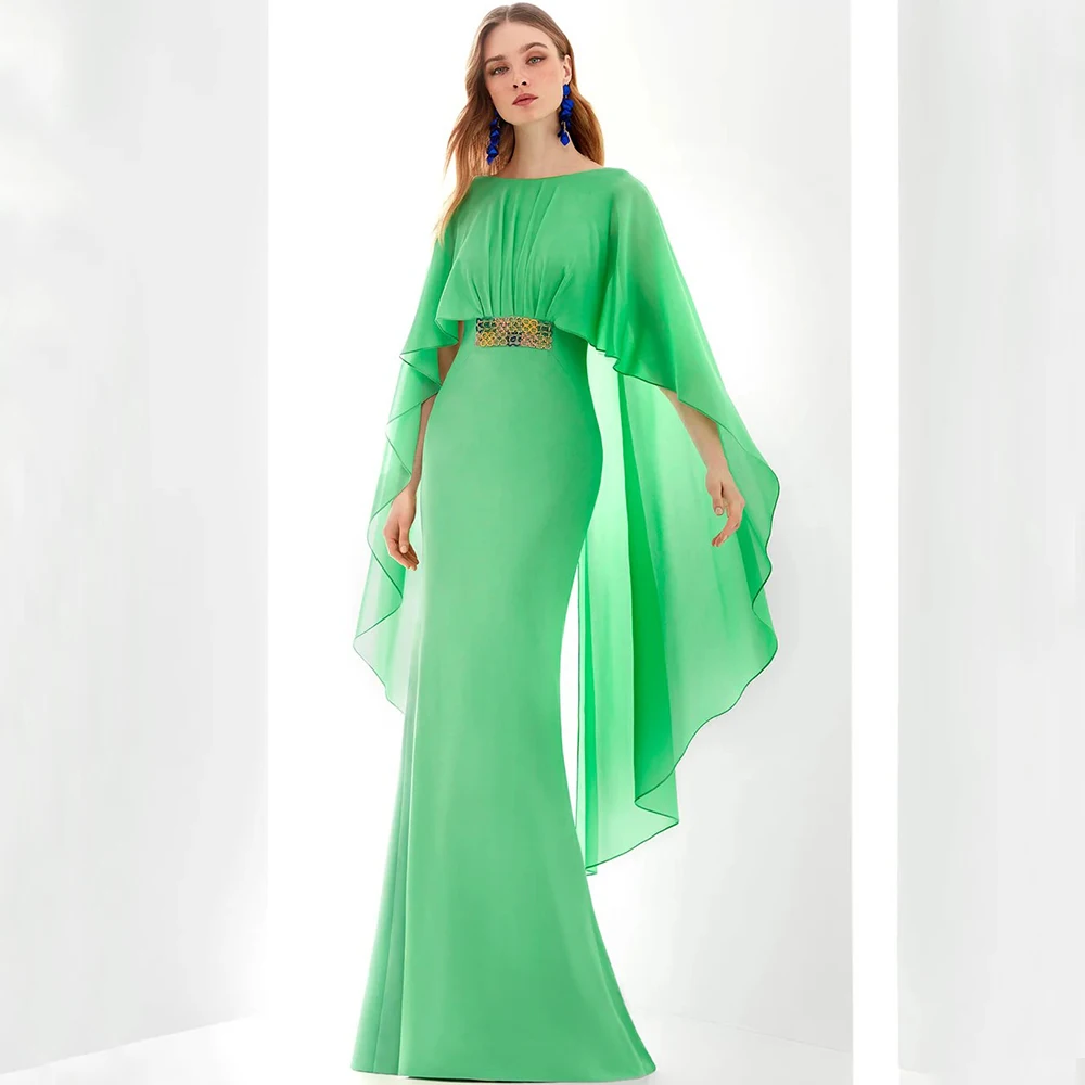 

Flechazo Green Mermaid Evening Dress with Cloak Sleeves Scoop Neck Women Floor Length Party Customized Gowns for Wedding