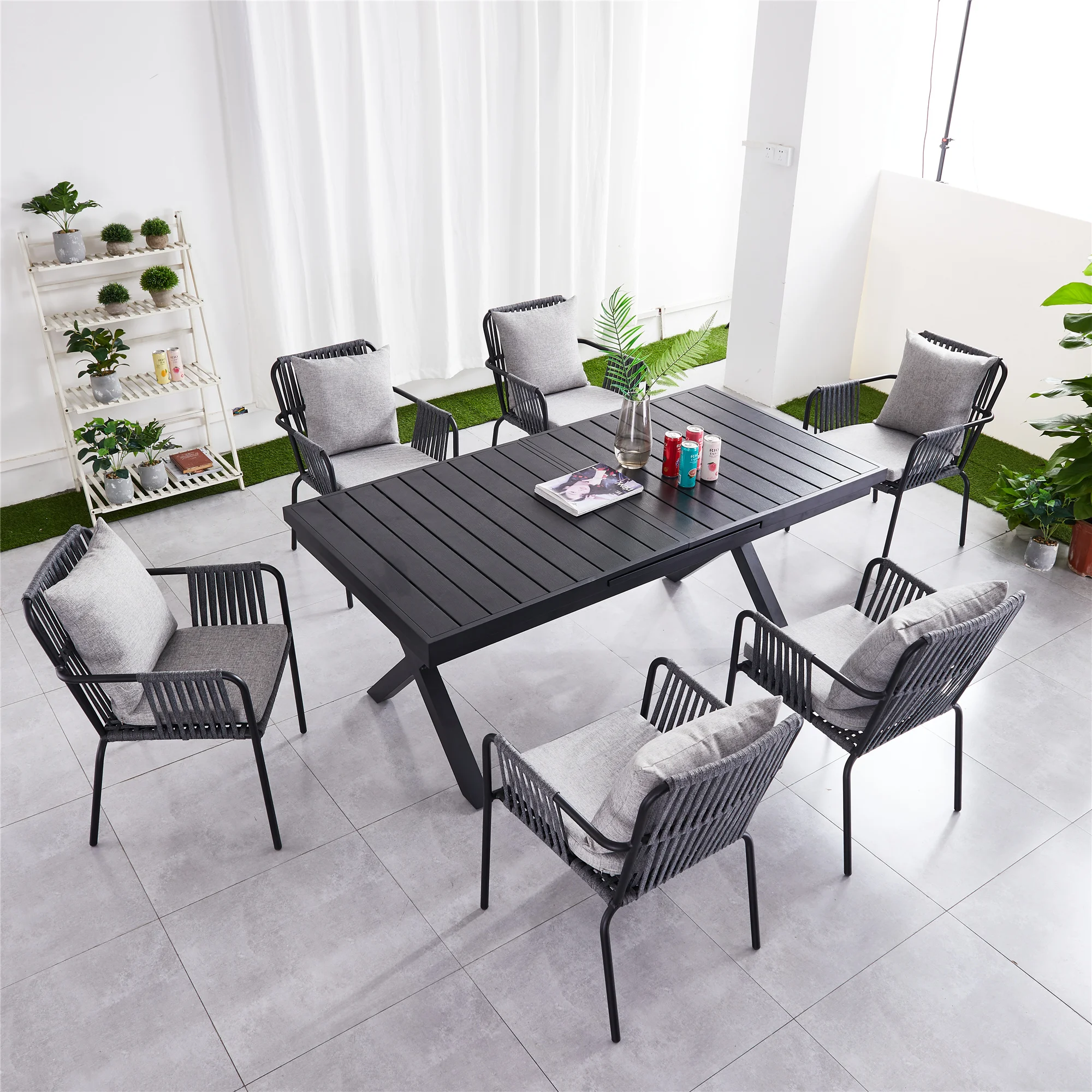 180-240cm Extendable Dining Table Sets Aluminum Leg Plastic Wood Top Outdoor Garden Courtyard Furniture Rope Rattan Chair ARC004