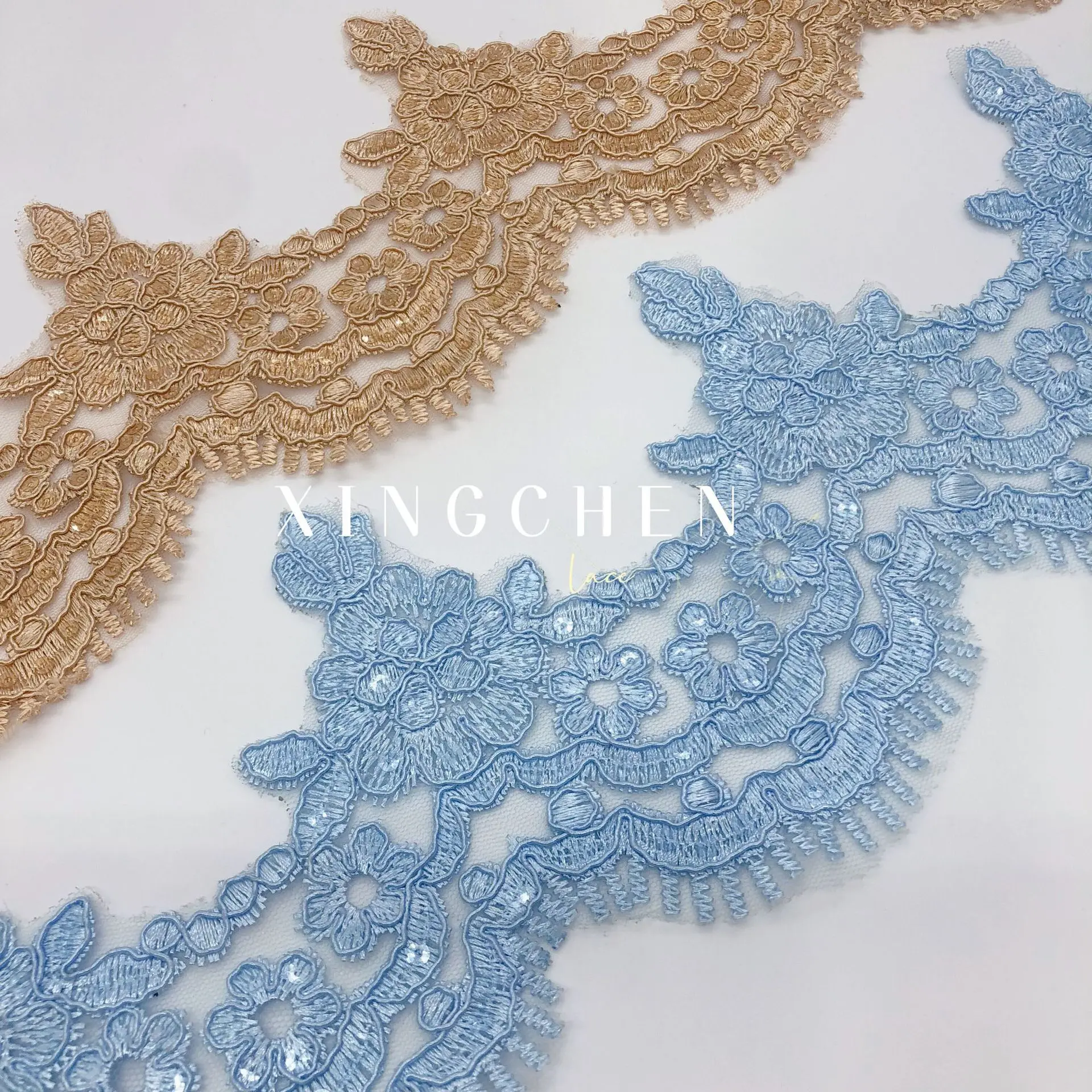 1Yard 13cm wide Blue Ivory Sequins Edge Polyester Embroidery Lace Trim for Bridal Wedding Gown Costume Design Lace Ribbon