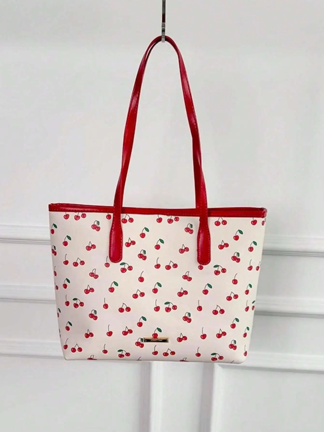 

2025 Trendy Teen Girl Summer Commute Cherry Print Tote Handbag, Stylish Niche Design With Red Leather Handles Adorable Cartoon