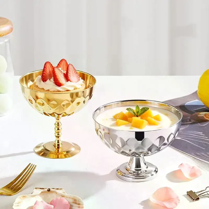 [1Pc Stainless Steel Goblet Dessert Cup Ice Cream Bowl Metal Fruit Salad Plate Elegant Bar KTV Party Serving Supplies]
