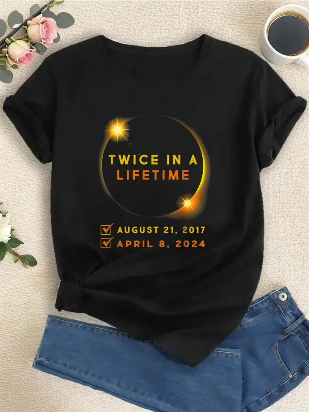 Women's T-shirt Solar Eclipse Shirt Twice in Lifetime Teacher O-Neck Tops Short Sleeve Short Sleeve Breathable Clothes Tees