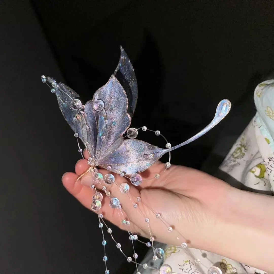 Fashionable retro Hong Kong style bright colored butterfly hairpin, trendy, luxurious, high-end, U-shaped hairpin, sweet