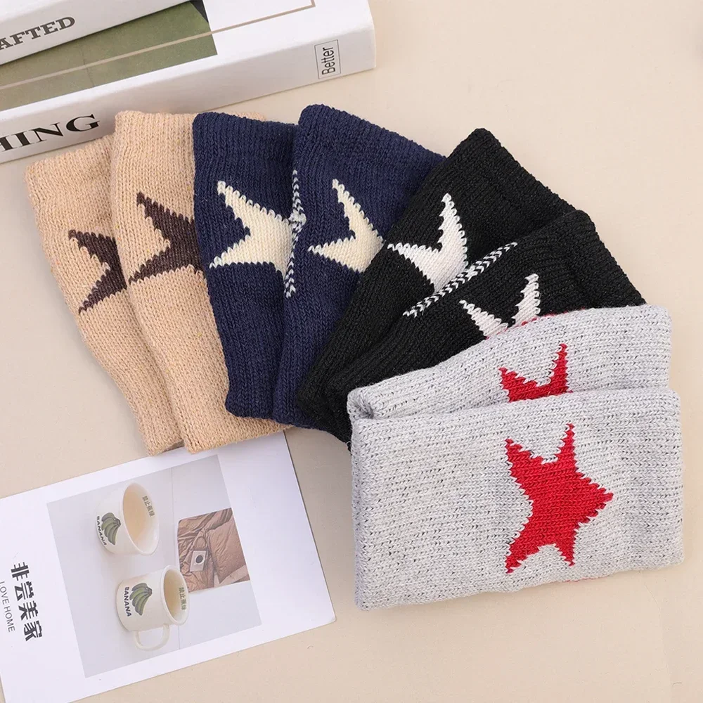 Y2K Fashion Pentagram Knitted Fingerless Winter Gloves Soft Warm Wool Knitting Arm Flexible Hand Gloves Warmer for Men Women