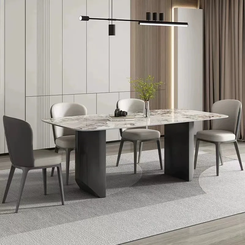 Italian light luxury Pandora rock slab dining table modern simple rectangular household small apartment stainless steel