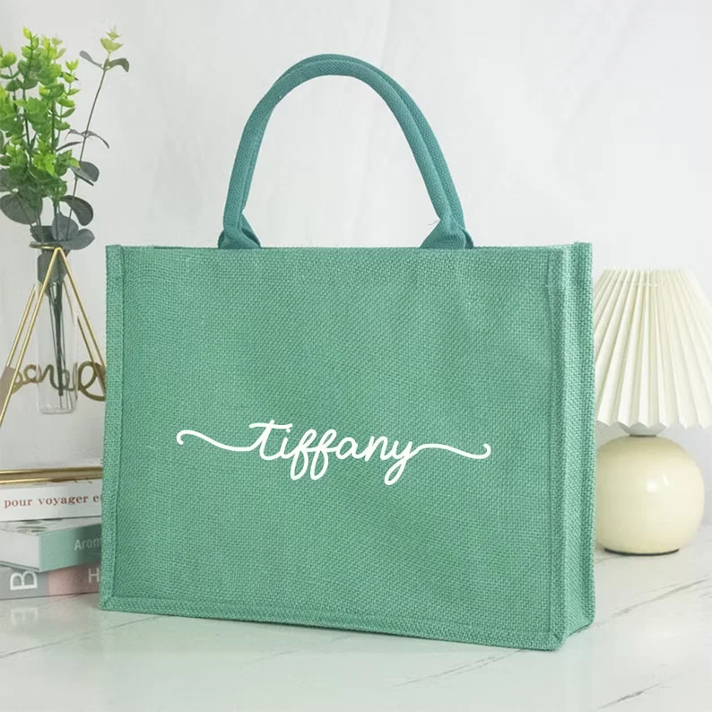 Personalized Colorful Burlap Tote Bags Custom Name Jute Bag Bridesmaid Gift Pink Green Blue Orange Beach Bag Wedding Gift Bag