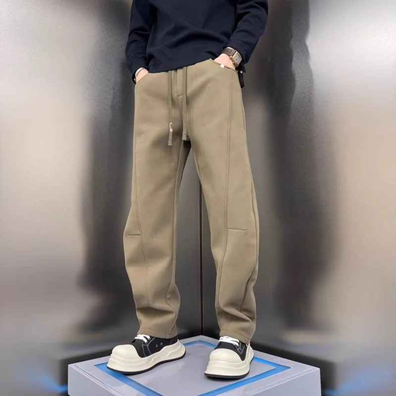 

Men's Autumn Winter New Fleece Lined Wide Leg Curved Pants Versatile American Style Casual Sports Sweatpants