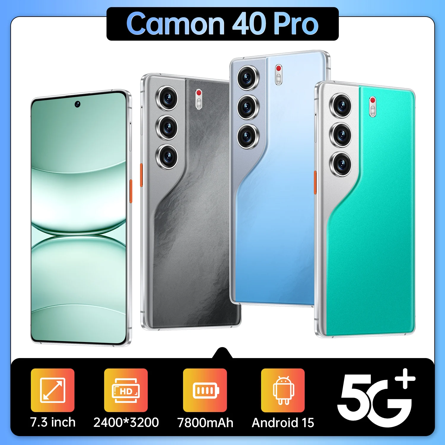 글로벌 에디션 카몬 40 프로 2025 7.3인치 HD 오리지널 스마트 듀얼 카드 7800mAh 배터리 얼굴 인식 기능