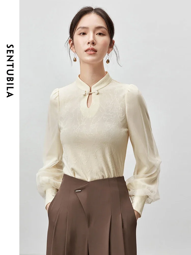 SENTUBILA Chinese Style Jacquard Shirt for Women's 2024 Autumn Patchwork Mesh Gauze Long Sleeve Slim Pullovers 143S55858