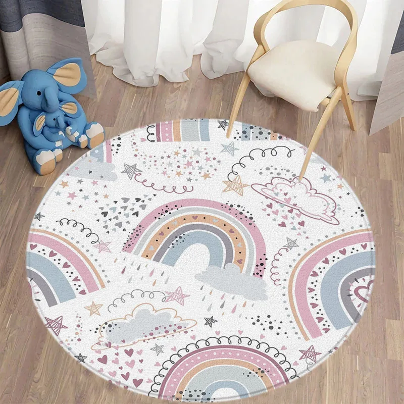 Rainbow Round Mat Cartoon Cute Clouds Watercolour Stars Cute Kids Boys Girls Circular Carpet Living Room Bedroom Chair Decor Rug