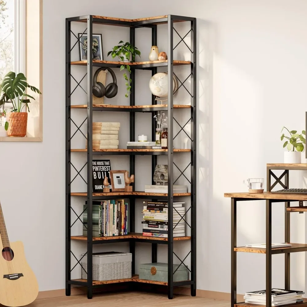 Corner Bookshelf, 7-Tier Industrial Corner Bookcase, Tall Corner Shelf Storage Display Rack with Metal Frame for Living Room