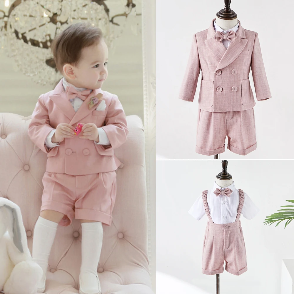 Baby Photograph Pink Boys Set For 1 2 3 4 Birthday Party Kids sets Boy Outfit Formal Suits child set Linen Clothes Soft