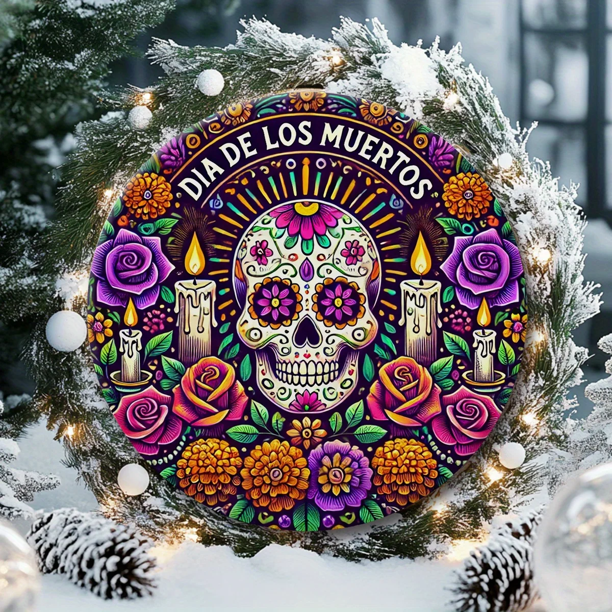 Day of the Dead Sugar Totenkopf-Kranz aus Holz mit „Dia de Los Muertos“-Design, farbenfrohen Blumen- und Kerzenmustern
