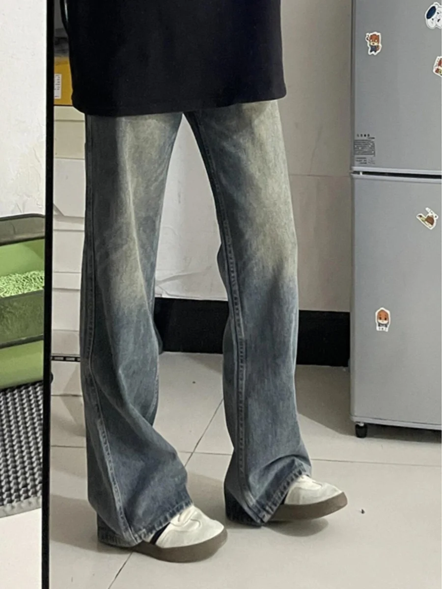

American Retro Blue Flared Jeans Loose Straight Leg Hiphop Men's Casual Trousers for Teenagers Autumn Season High Waist