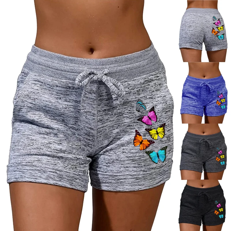 Plus Size Women Summer Outdoor Sports Pants Casual High Waisted  Drawstring Shorts Ladies Fashion Butterfly Printed Yoga Shorts