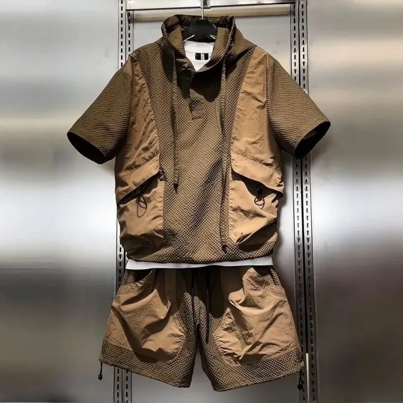 

Fashionable Workwear Breathable Quick-drying Sports Suit Men's Textured Casual Hooded Short-sleeved Shorts Two-piece Set