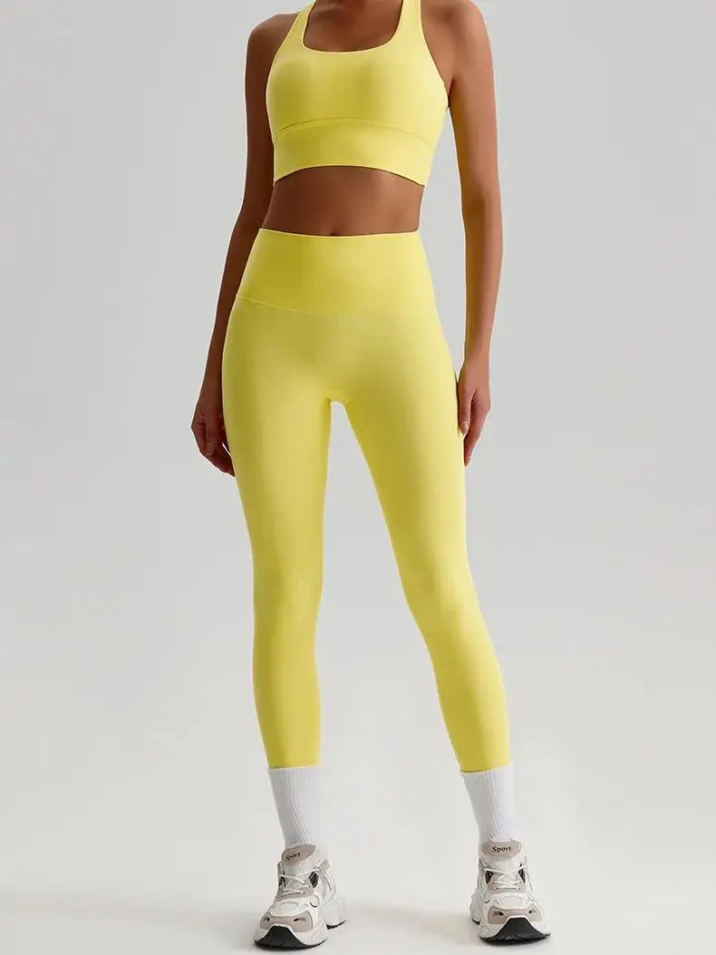 Jednobarevná posilovna Jóga Set Tight Leggings Sportovní Fitness Cross Bra Top 2ks Měkký sportovní oblek Cvičení Trénink Pro Ženy Sportovní oblečení - náhled 5