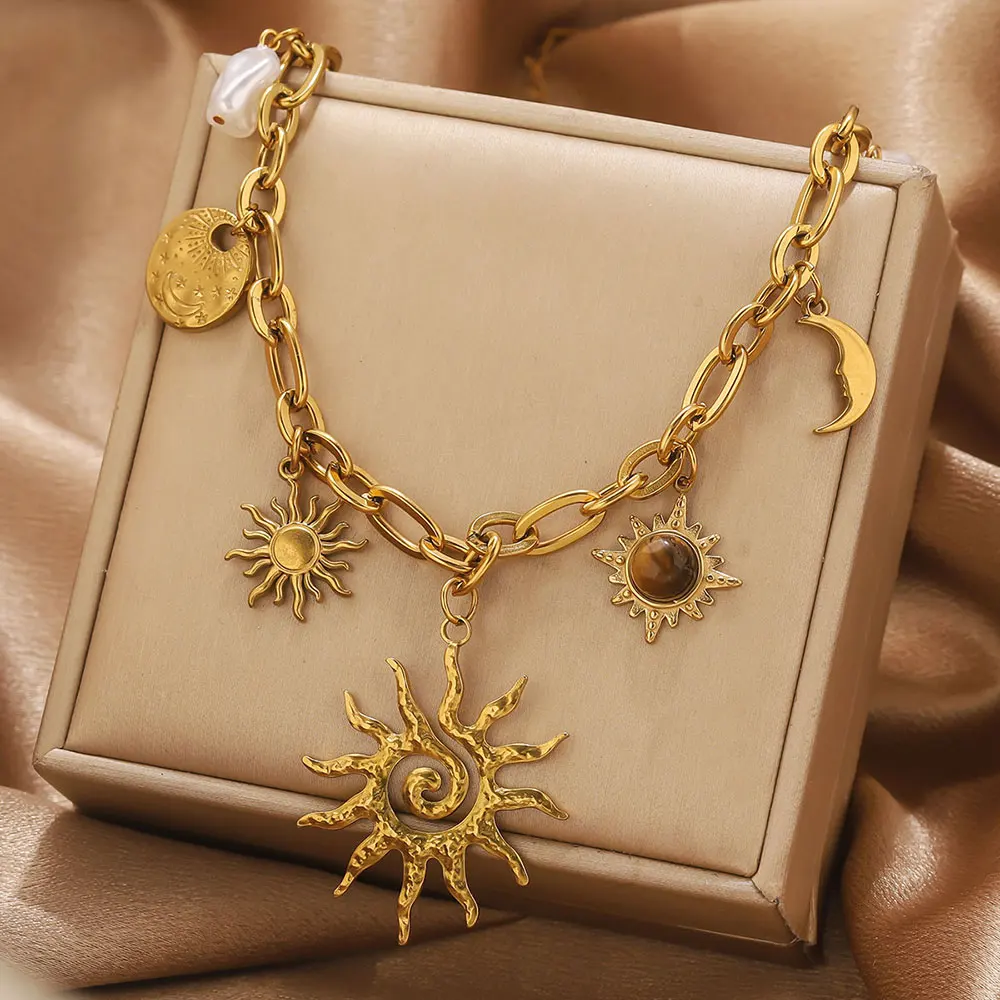 Vintage Boho Stainless Steel Spiral Sun Flower Pendant Necklace for Women PVD Gold Stackable Necklace Waterproof Fashion Jewelry