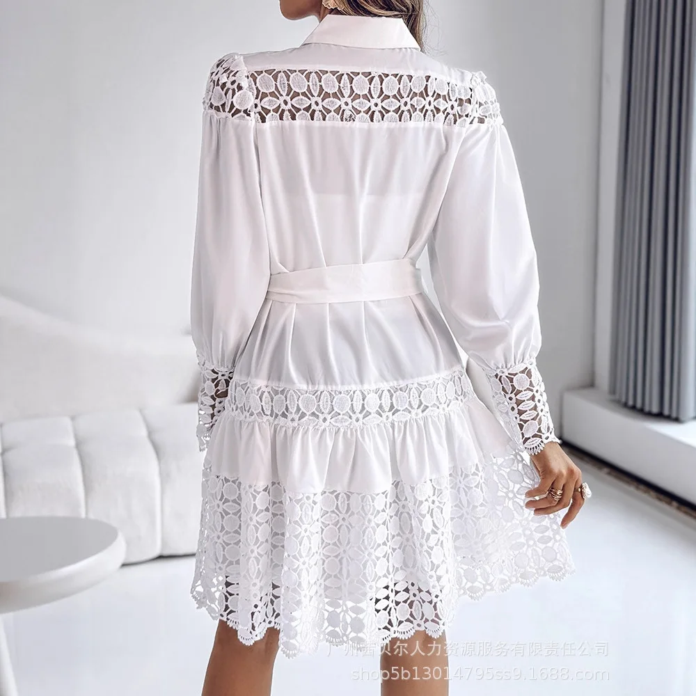Mid Length Dress Women Shirts Dresses High Waist Vestidos Y2k Streetwear Full Sleeve Elegant White Party Night Work Hollow Out