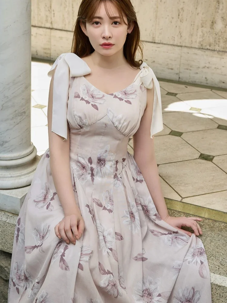 

New 25 Years Color Sunflower Print Sash Dress Sweet Japanese Style High Waist A-Line Midi Skirt No Sleeve Women's Dress