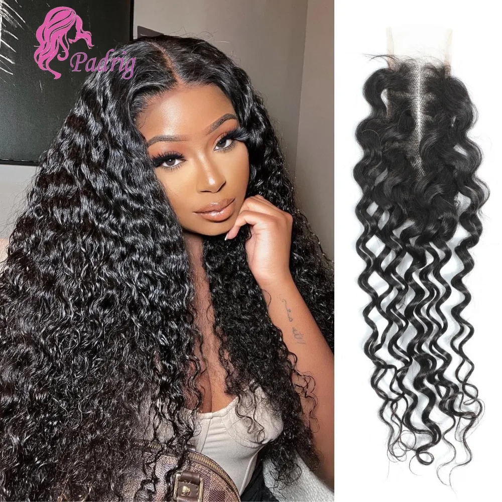 2x6 Cierre de encaje ondulado con agua, encaje suizo transparente, cierre de parte media profunda, cabello humano virgen brasileño, línea de cabello prearrancado