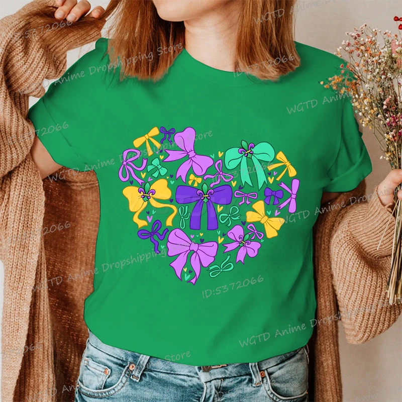 New Coquette Mardi Gras Heart Print T Shirt Women Casual Short Sleeve Mardi Gras Social Party Daily Tops Retro Classic T-Shirt