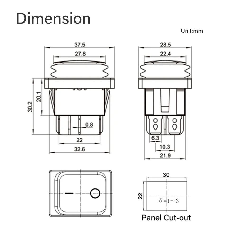 KCD4-203 Heavy Duty 16A 250VAC 30x22mm Waterproof Rocker Push Switch T85 IP65 6pin DPDT ON OFF ON 12V 220V Red Green Blue Light