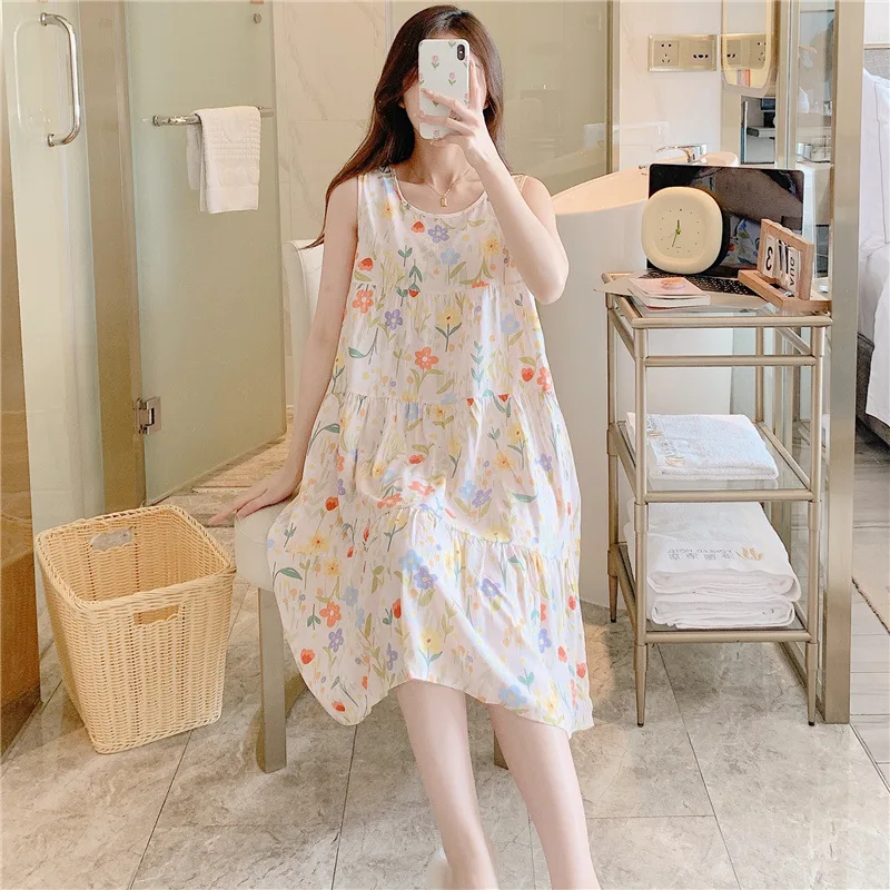 Summer Tank Top Dress Elegant Women\'s Nightgowns Thin Sleeveless Cotton Rayon Home wear Loose Printing Thin Nightdress