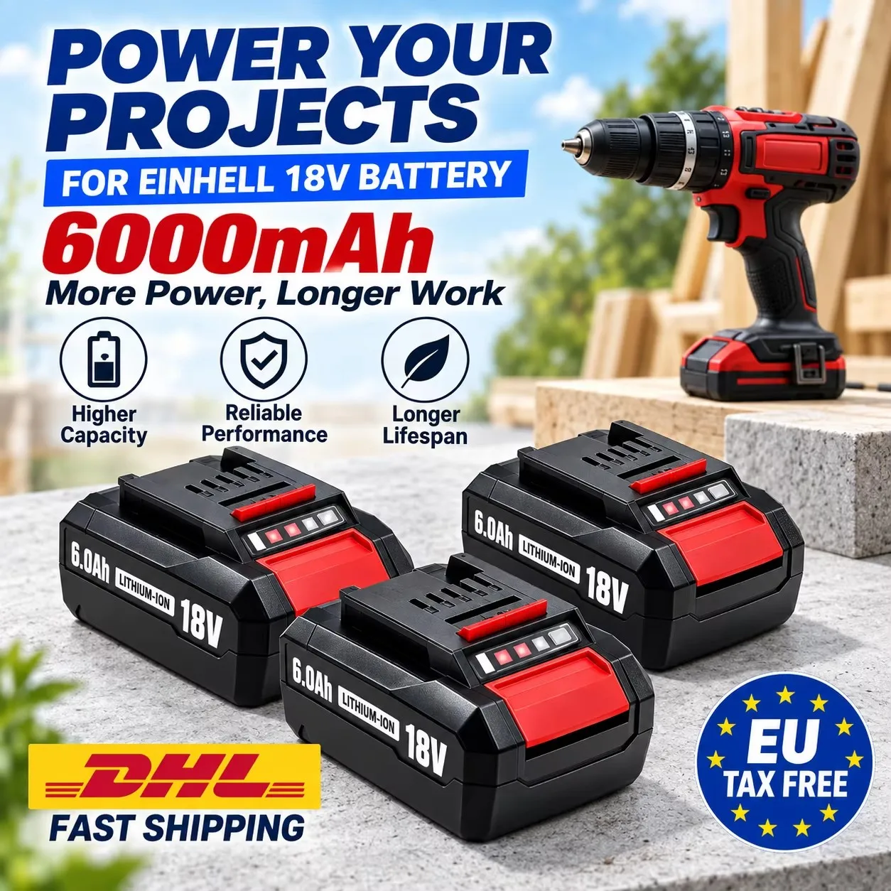 Batteria agli ioni di litio da 18 V e 6,0 Ah, compatibile con gli utensili elettrici a batteria Einhell Power X-Change 4511396 4511437neu PXBP-600 PX-