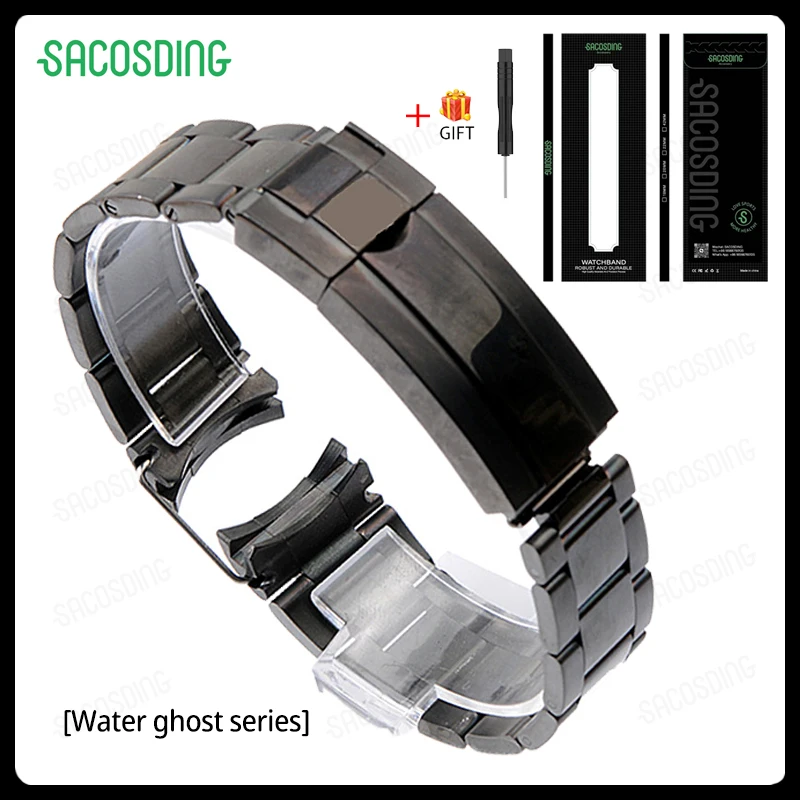 【sacosding】water-ghost-series-316l-stainless-steel-strap-three-beads-diving-labor-combination-safety-buckle-solid-watch-strap