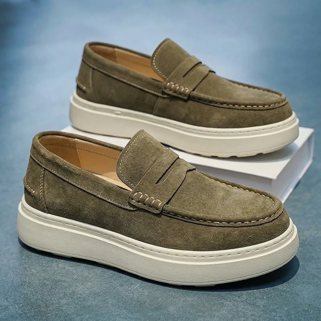 Men's Slip-On Loafers Thick Bottom Casual Shoes Soft Bottom Waterproof round Toe Rubber Outsole Korean Style Fashion Sneakers