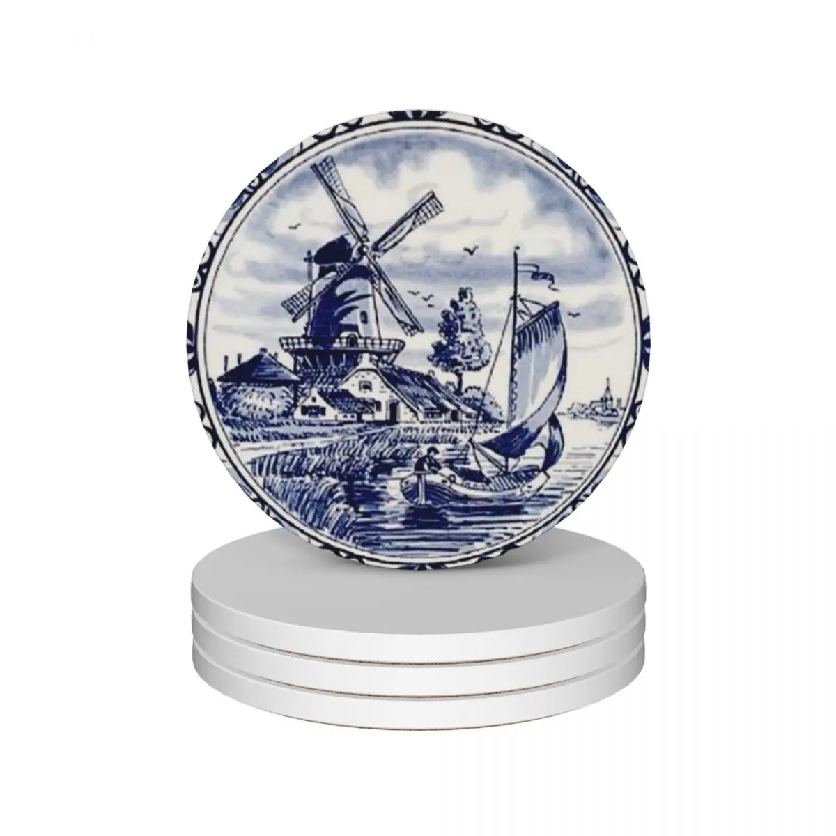 

DUTCH BLUE DELFT: Vintage Windmill Print Ceramic Coasters (Set of 4) for drinks aesthetic for table Coasters