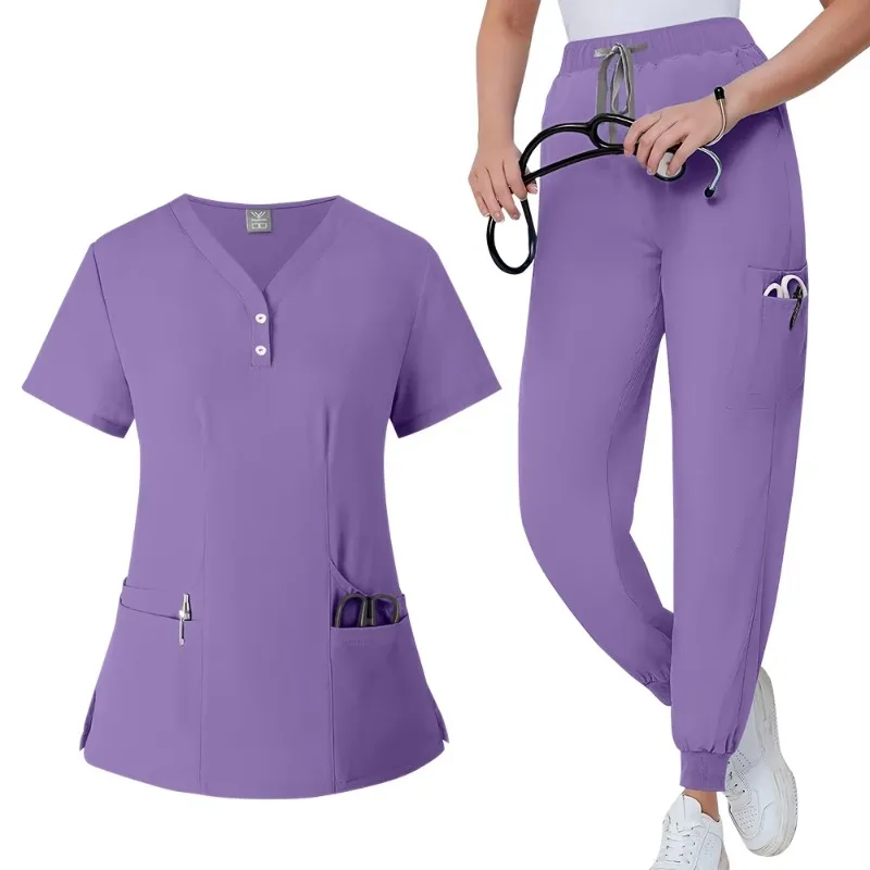 New Style Button V-Neck Jogger Elastic Breathe Unisex Beauty Salon Scrubs Pet Hospital Laboratory Hospital Uniform Sets