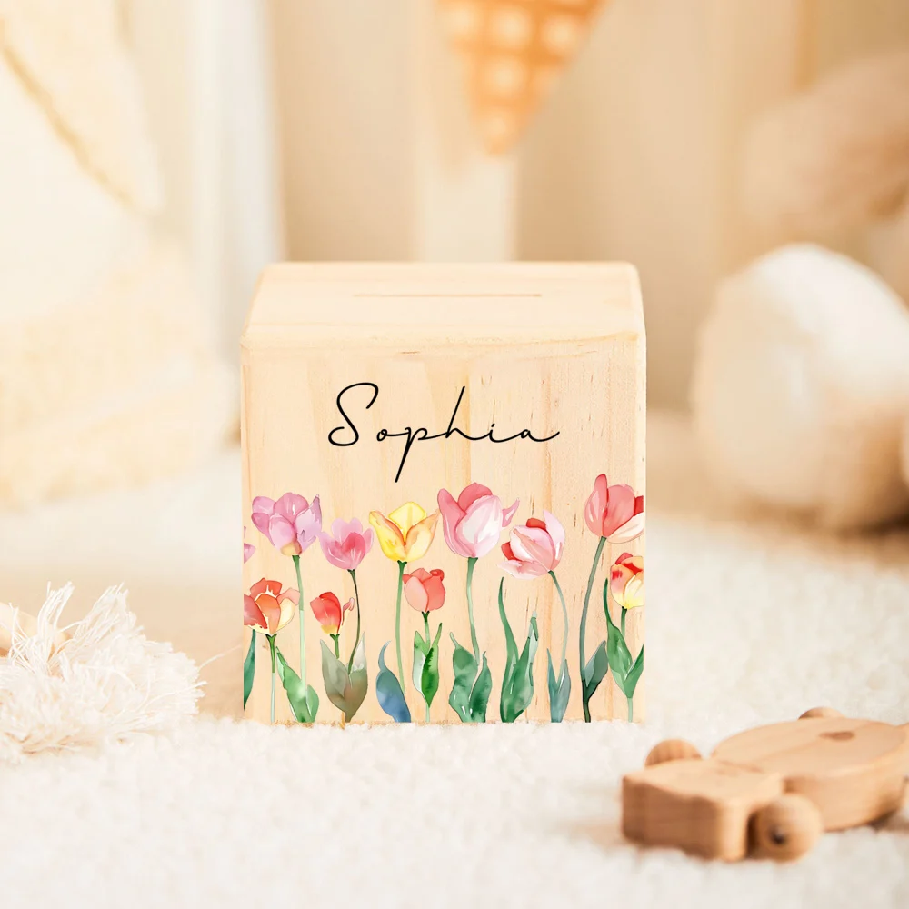 صندوق نقود خشبي مخصص على شكل حصالة على شكل حيوان مع اسم صندوق نقود بنمط زهرة أنيقة هدية عيد للأطفال على شكل حصالة على شكل حيوان للأطفال #6