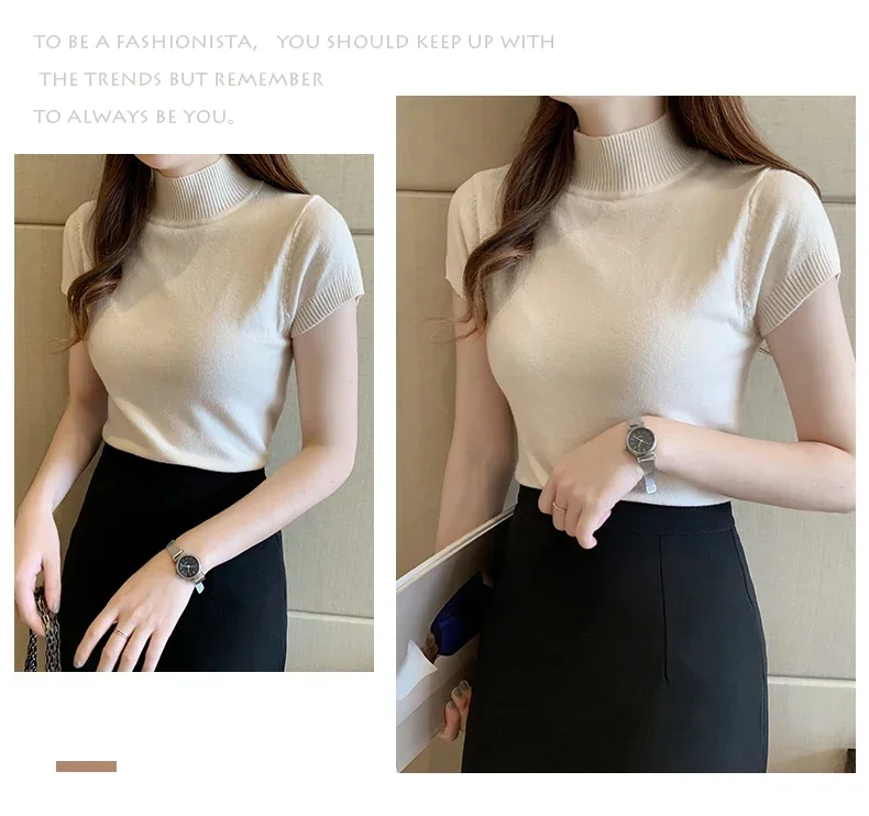 Halbhohes T-Shirt für Damen, modischer Pullover, lässige Oberteile, koreanischer Stil, elegante einfarbige Kleidung, Frühlings- und Sommersaison – Detail 17
