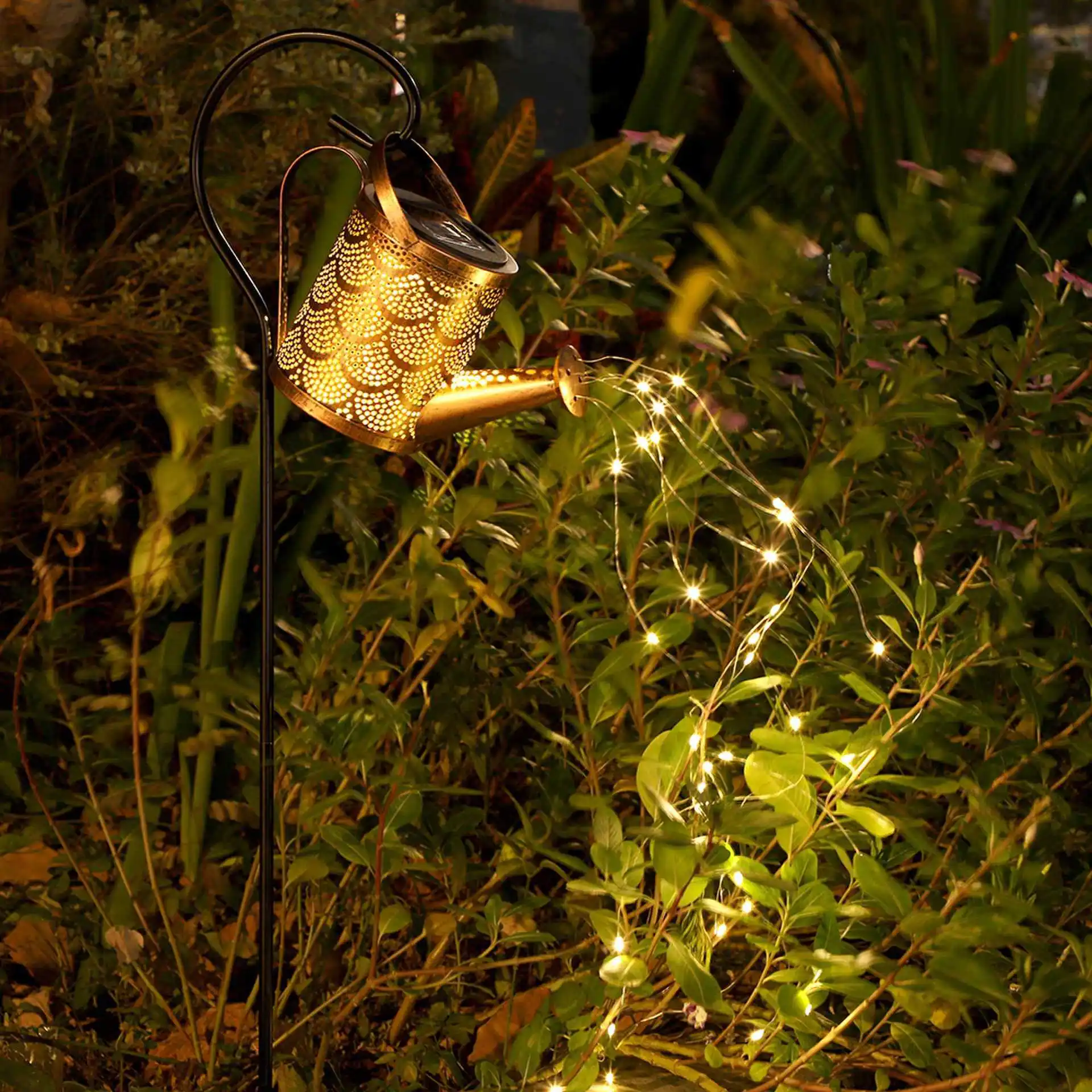 Solar hollow pattern shower kettle lamp solar garden retro golden flowing water shower star kettle lamp