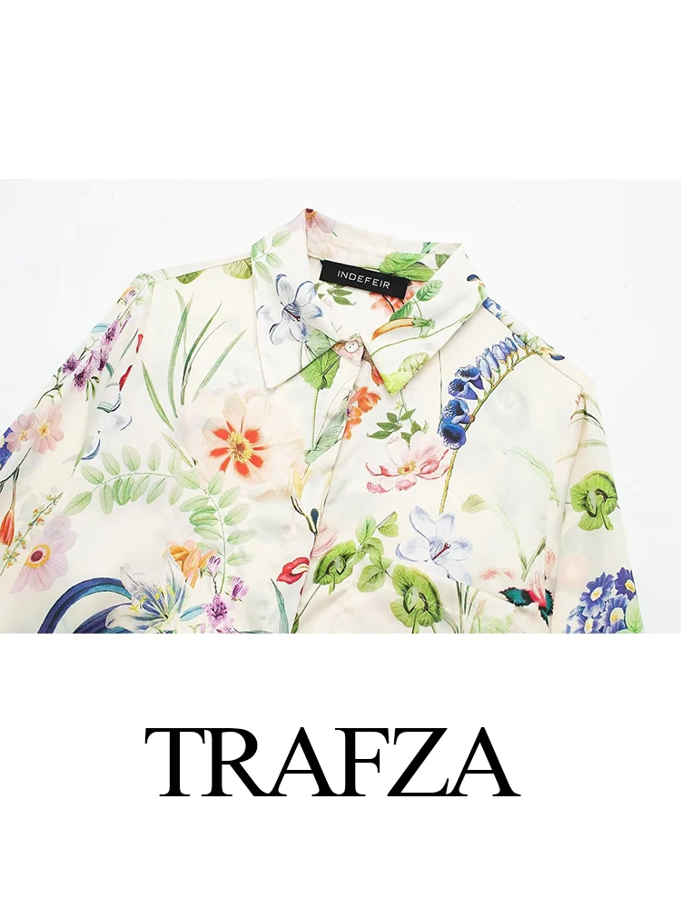 TRAFZA 2024 Women’s Fashion Flower Printed Satin Shirt Female Slim Single Breasted Turn Down Collar Casual Blouses Collar Shirts