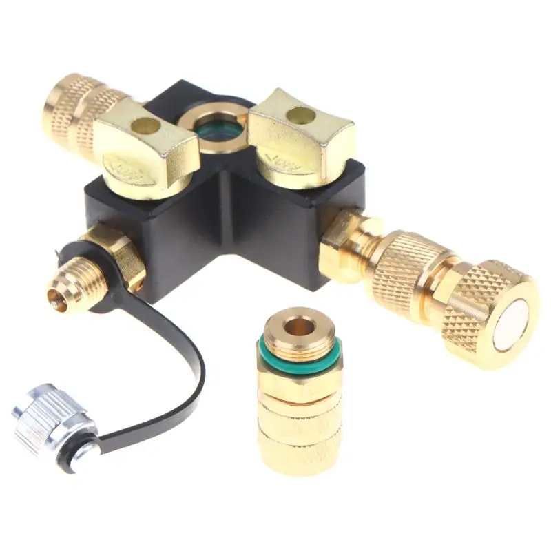 Brass AC Refrigerant Valve with Visible Sight Glass Quick Connect Adapters for Automotive AC HVAC Repair Use